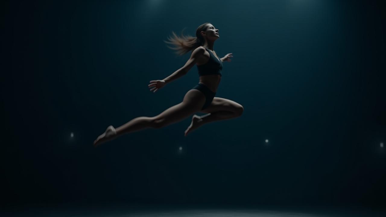 Gimnasta femenino realizando un salto espectacular en el aire, con máxima concentración y elegancia.