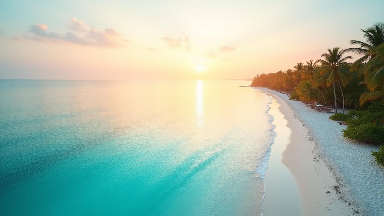 Paisaje impresionante de una playa tropical al amanecer con palmeras y aguas cristalinas.