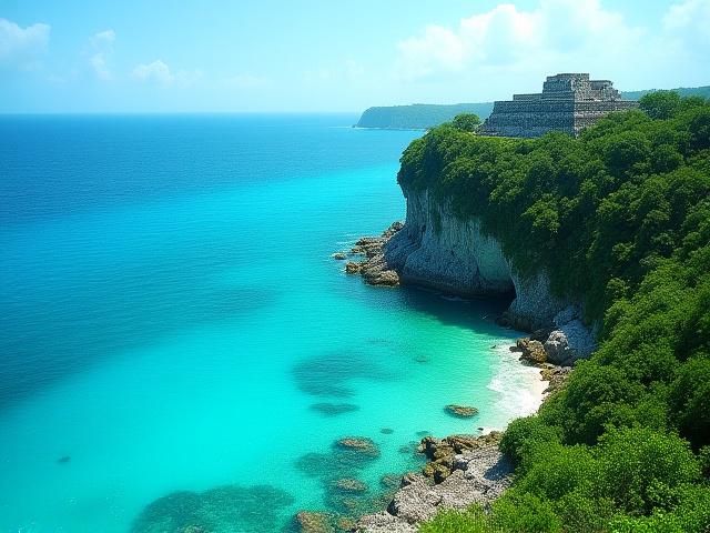 Ruinas de Tulum sobre un acantilado rocoso con el mar Caribe de fondo.