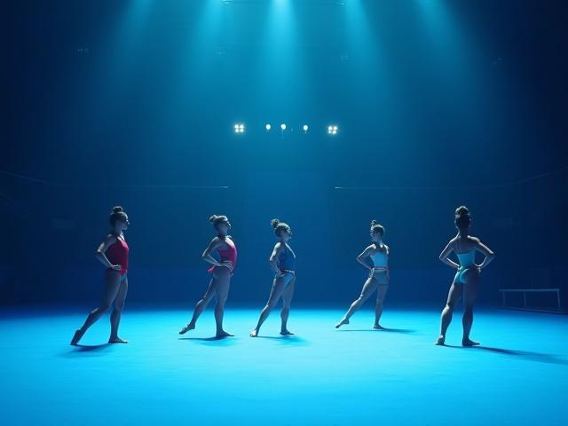 Adolescentes realizando una compleja coreografía de piso de gimnasia con precisión y elegancia.
