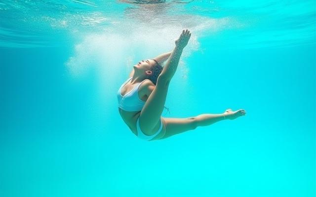 Persona realizando una elegante figura de gimnasia acuática en una piscina cristalina, con el agua salpicando sutilmente.