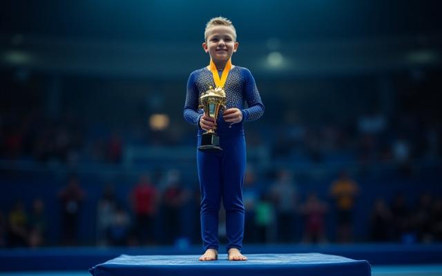 Joven gimnasta en un podio, orgullosa con su medalla y trofeo, símbolo de logro y dedicación.