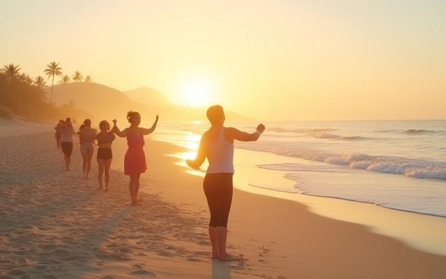 Grupo diverso de personas realizando yoga al amanecer en una playa serena, con palmeras al fondo y el sol emergiendo sobre el océano.